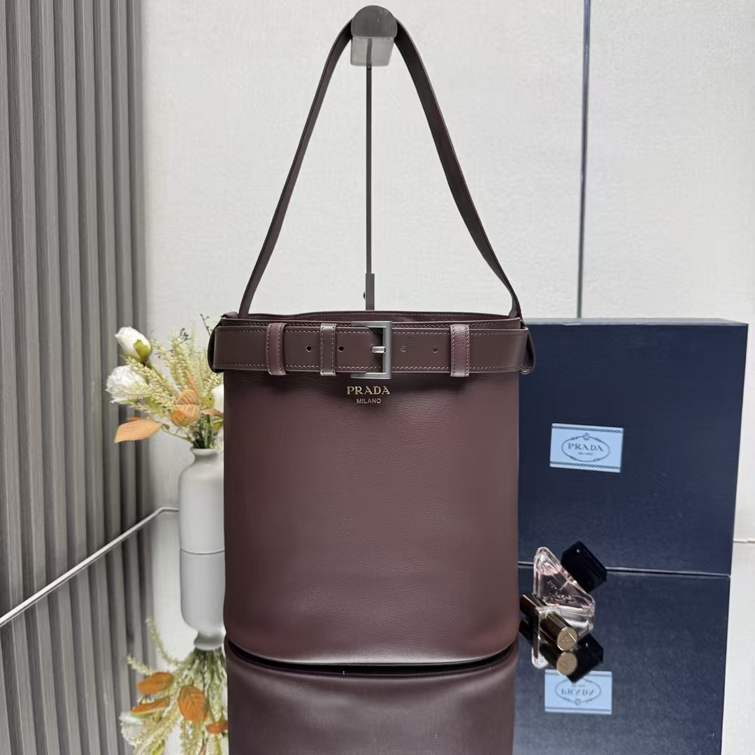 Prada Heather Brown Buckle Leather Bucket Bag | Earth Tone & Strap Detail