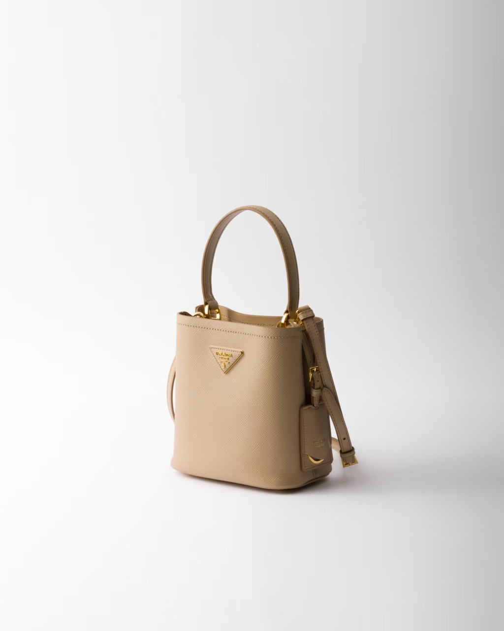 Prada Sand Panier Saffiano Leather Mini Bag | Geometric Shape & Earth Tone
