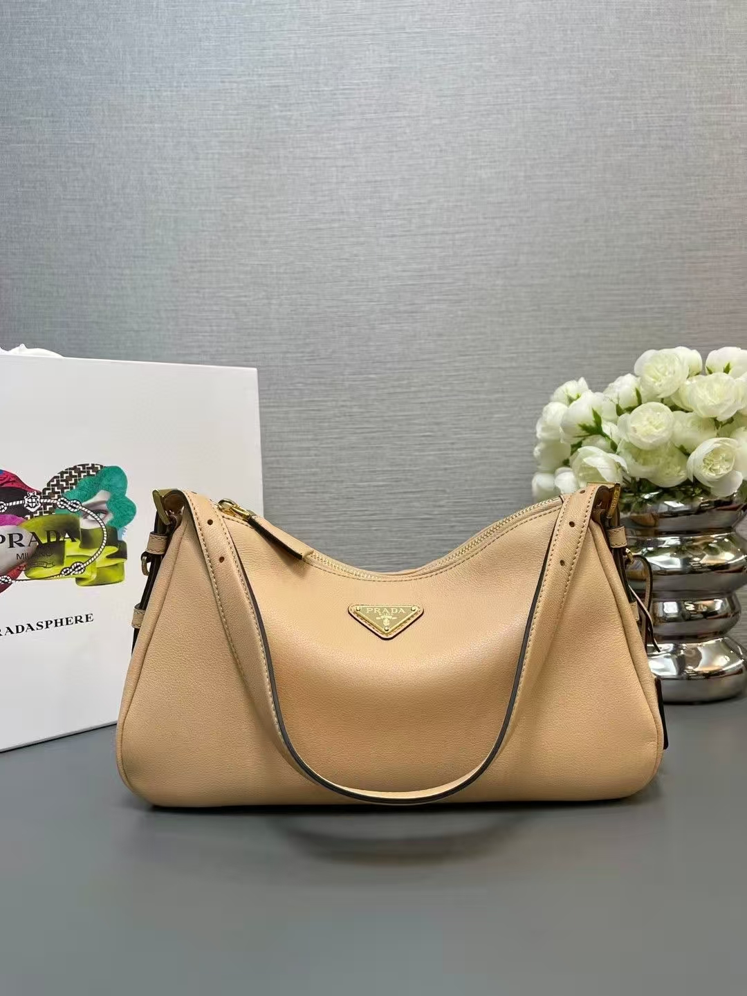 Prada Travertine Medium Aimée Leather Shoulder Bag | Architectural Neutral, Soft Minimalist Silhouette