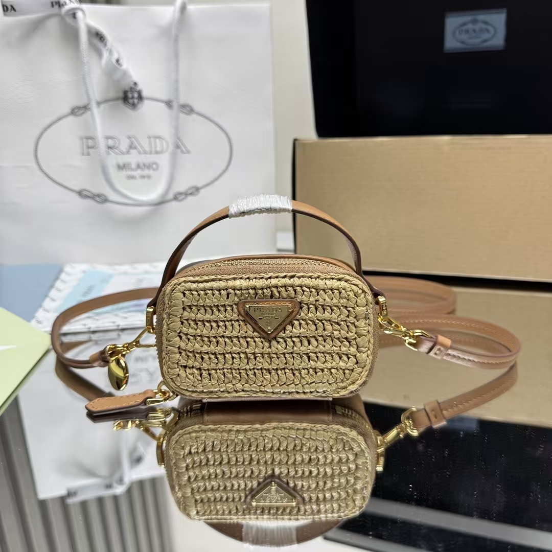 Prada Neutral Crochet & Leather Mini Bag | Woven Design & Detachable Strap