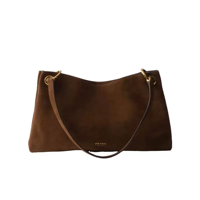 Prada Cocoa Brown Large Étude Suede Leather Shoulder Bag | Geometric Silhouette & Warm Rich Hue