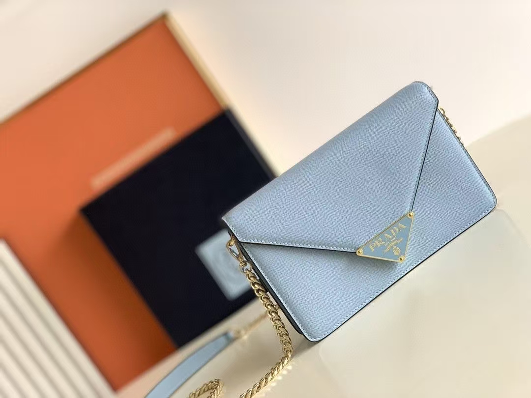 Prada Light Blue Saffiano Leather Shoulder Bag | Flap Design & Detachable Chain Strap