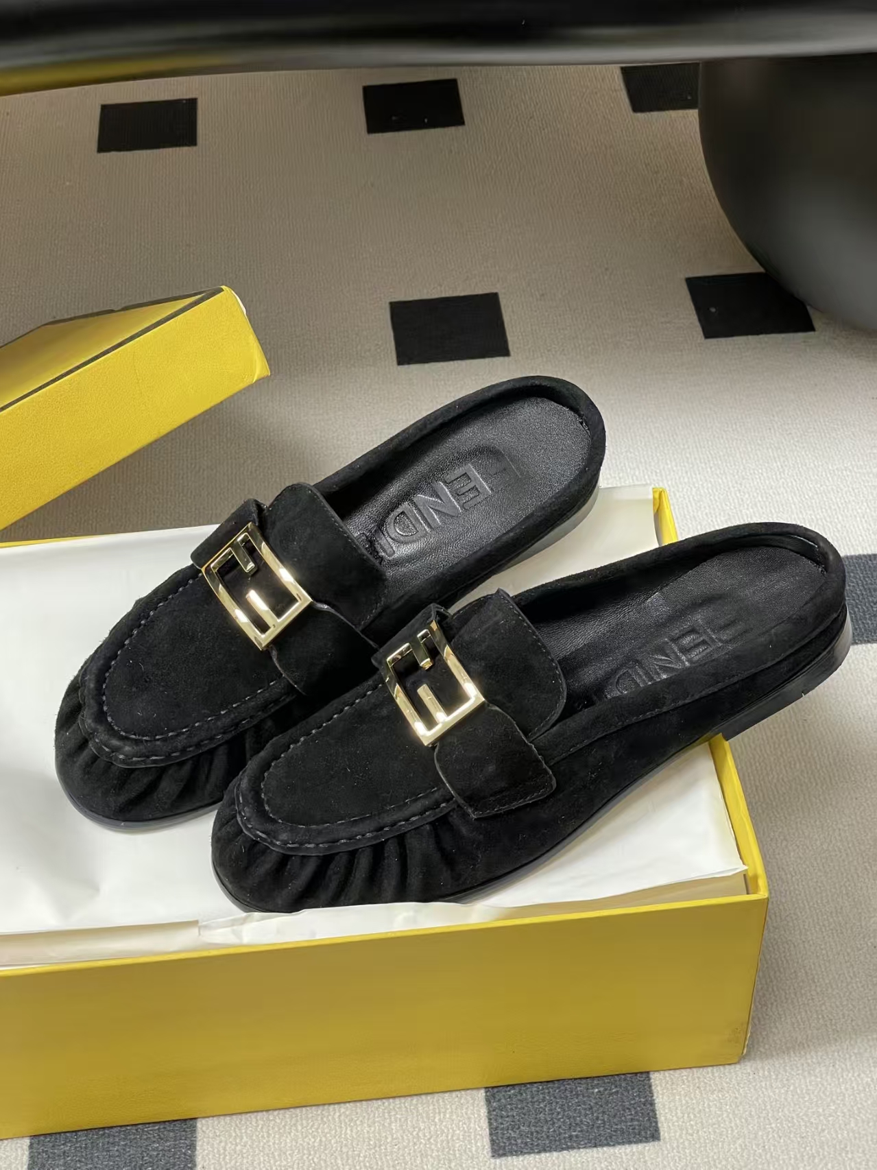 FENDI Baguette Crinkle Round-Toe Retro Loafer Mule in Black Suede