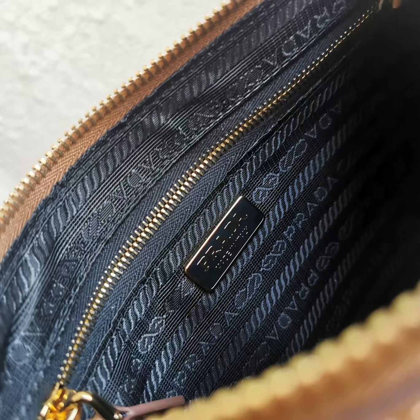 Prada Caramel Leather Clutch | Geometric Pattern & Warm Vintage Hue