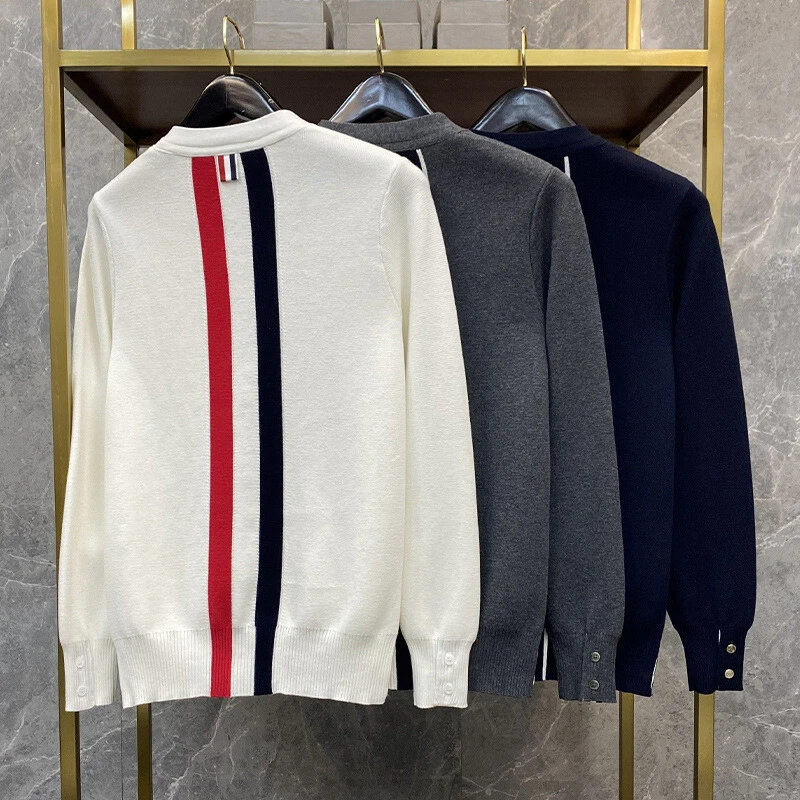 Thom Browne Mens Wide Strip Round Neck Pullover Loose T-shirt Knitted Sweater