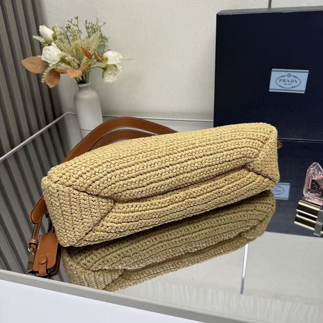 Prada Neutral Large Aimée Crochet & Leather Bag | Artisanal Blend, Textured Design