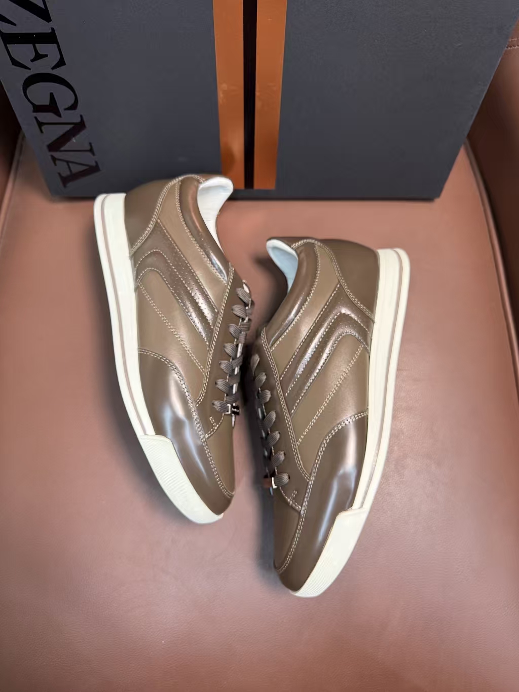 Zegna Triole Stitcht Monte Brown Leather Casual Sneaker