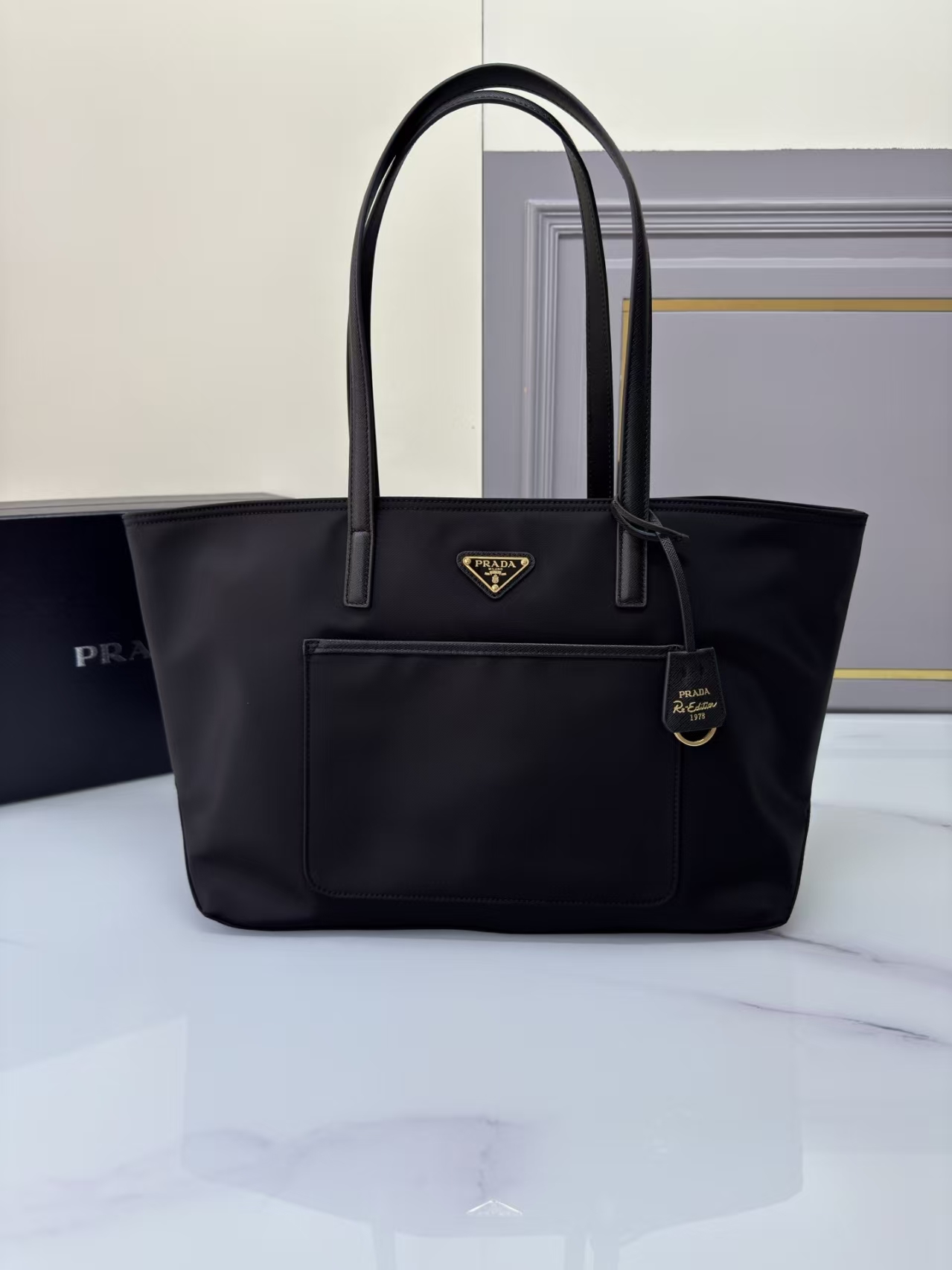 Prada Black Re-Edition 1978 Medium Tote | Recycled Nylon & Saffiano Leather