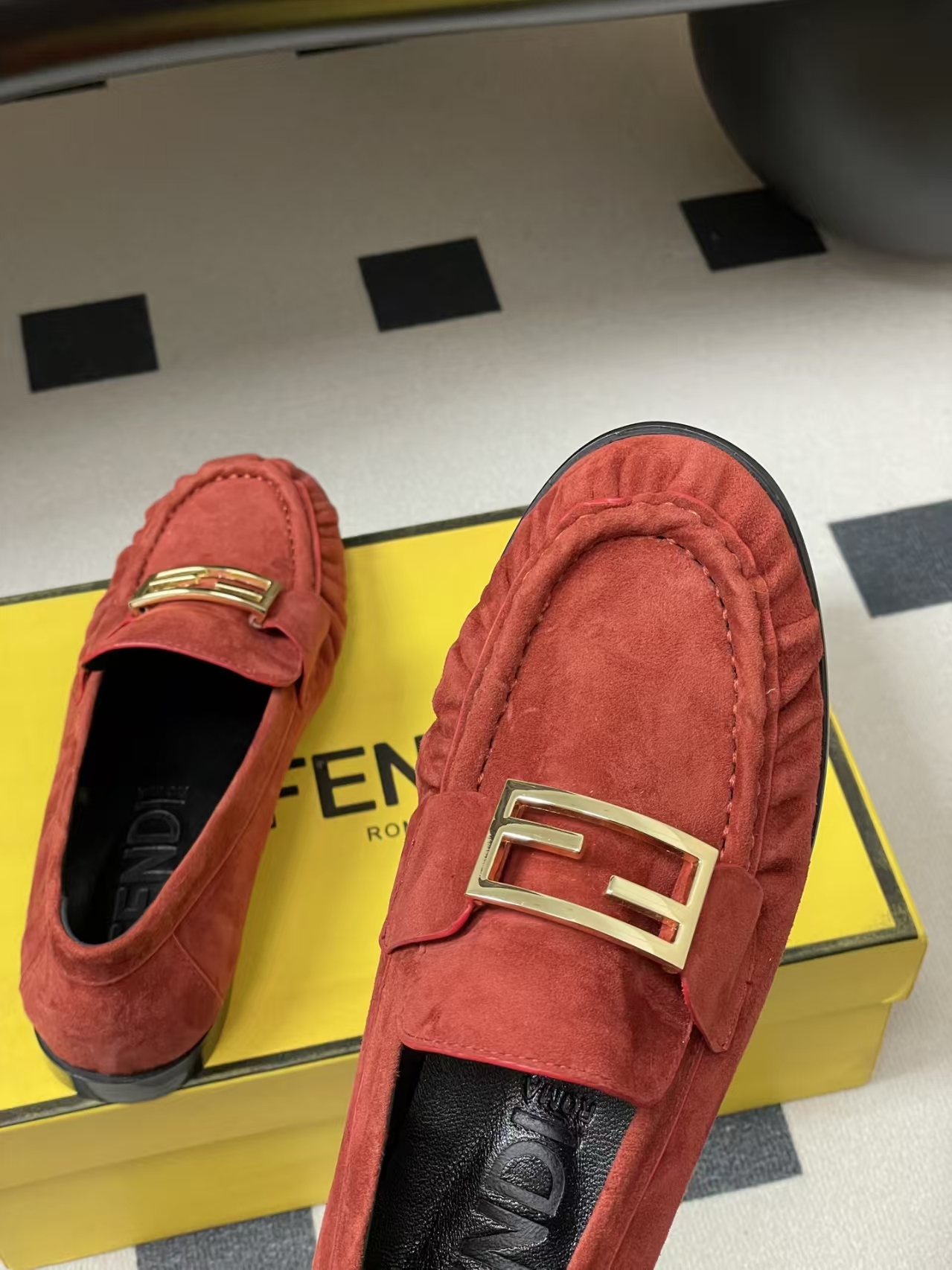 FENDI Baguette Crinkle Round-Toe Retro Loafer in Red Suede