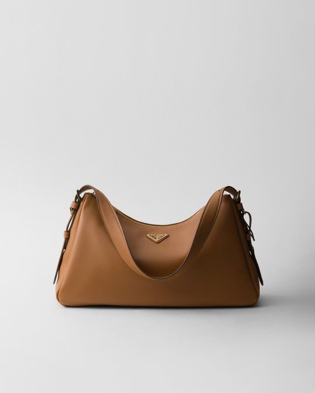 Prada Caramel Large Aimée Leather Shoulder Bag | Warm Minimalist, Spacious Silhouette