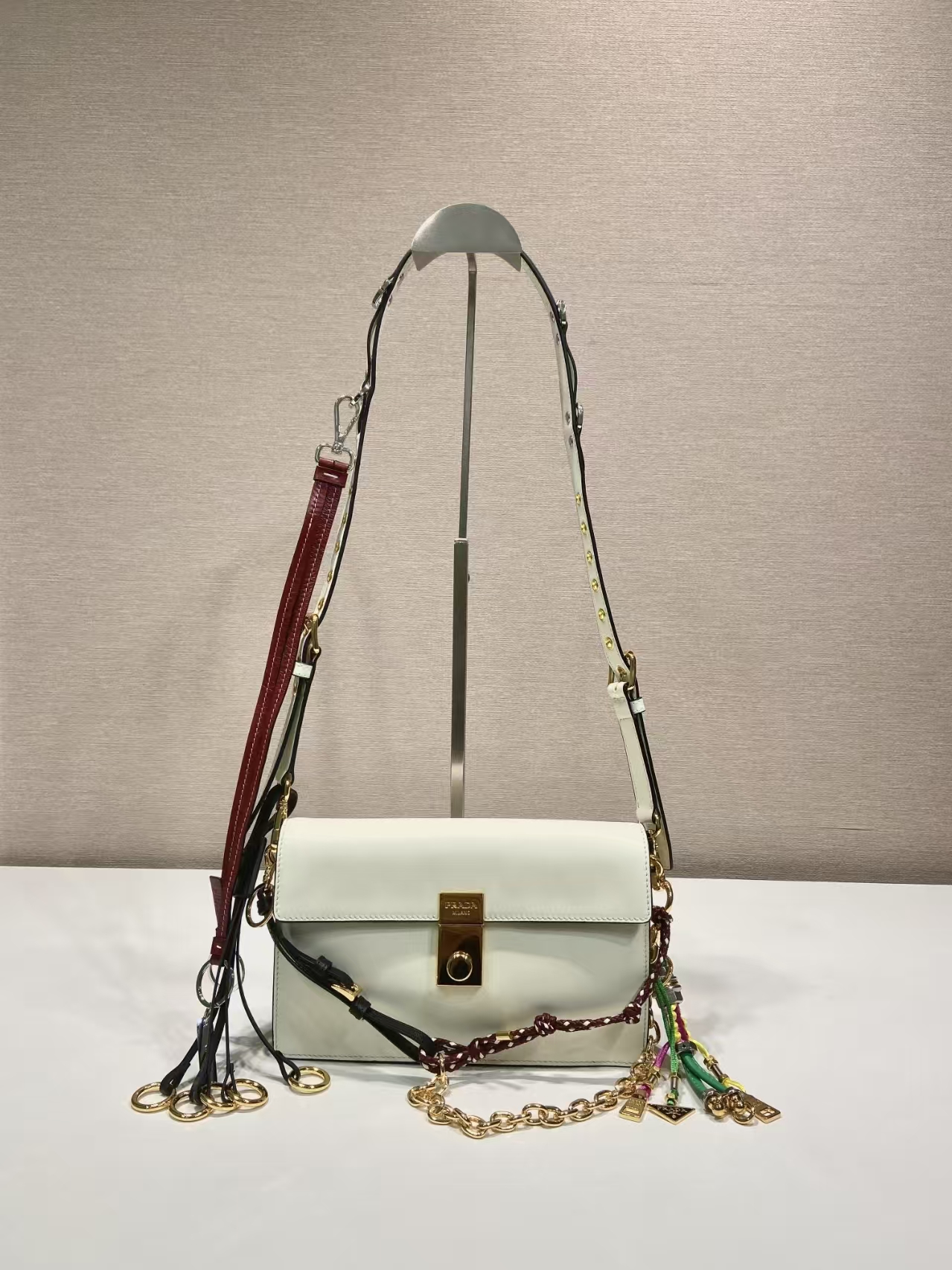 Prada White Small Soft Sound Leather Shoulder Bag | Detachable Charms & Crisp Minimalist Design