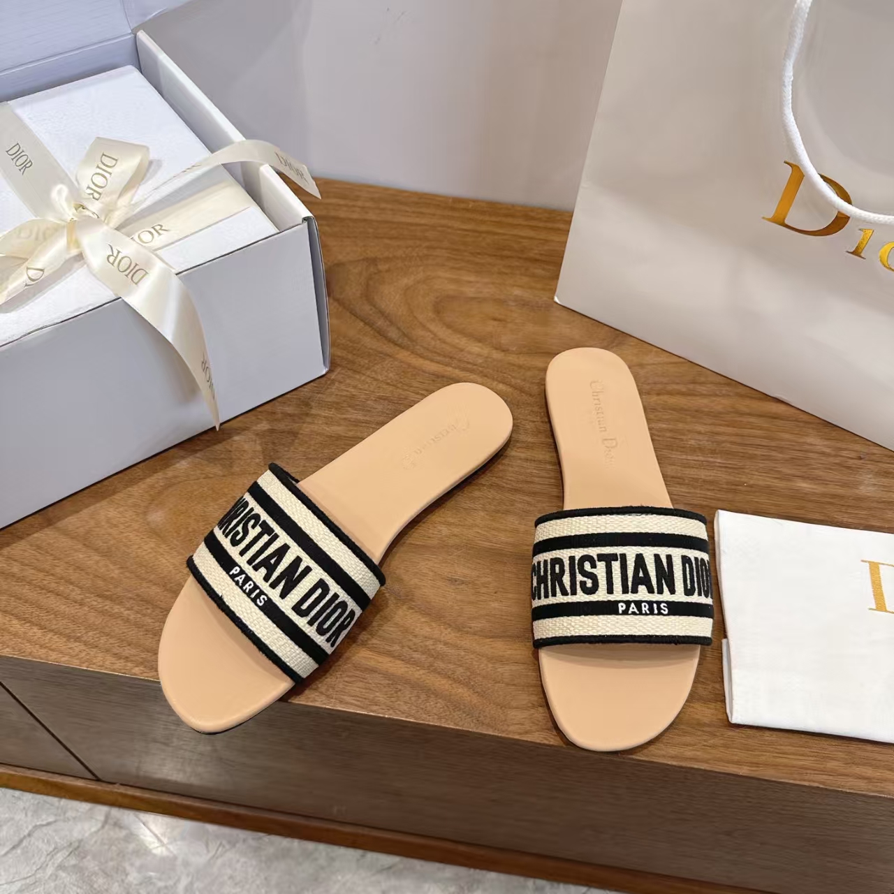 Dior Black Embroidered Logo Flat Slide Sandal