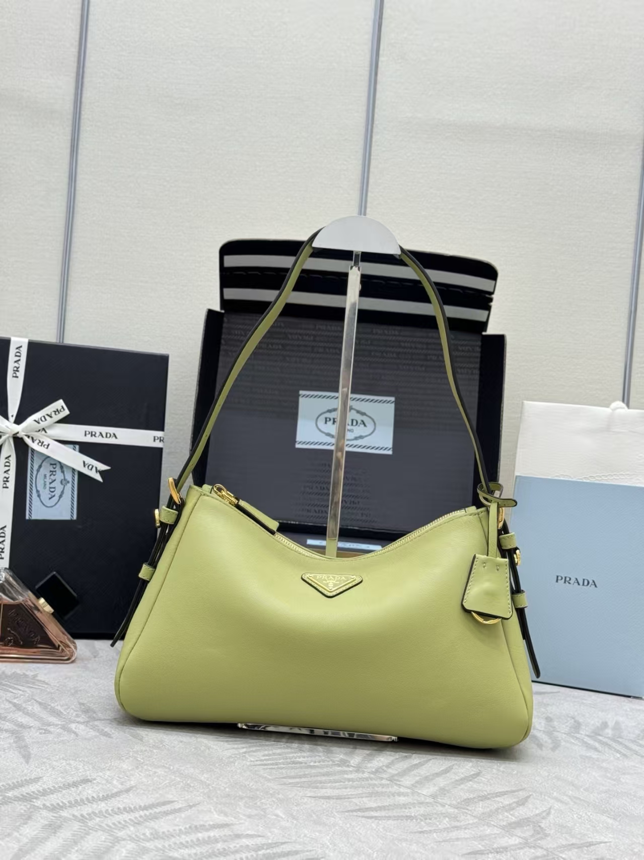 Prada Pistachio Medium Aimée Leather Shoulder Bag | Soft Pastel Green, Minimalist Silhouette