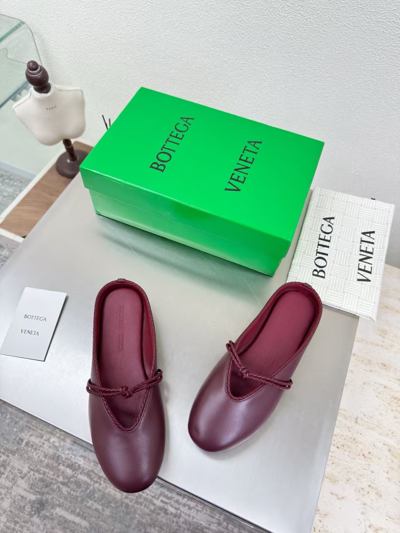 Bottega Veneta Black Lambskin Knotted Mary Jane Ballet Flat with Burgundy Sole