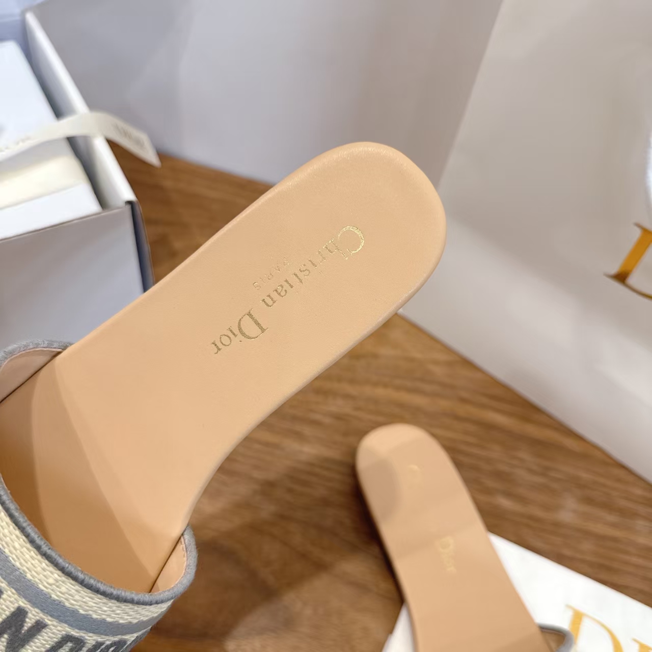 Dior Grey Embroidered Logo Flat Slide Sandal