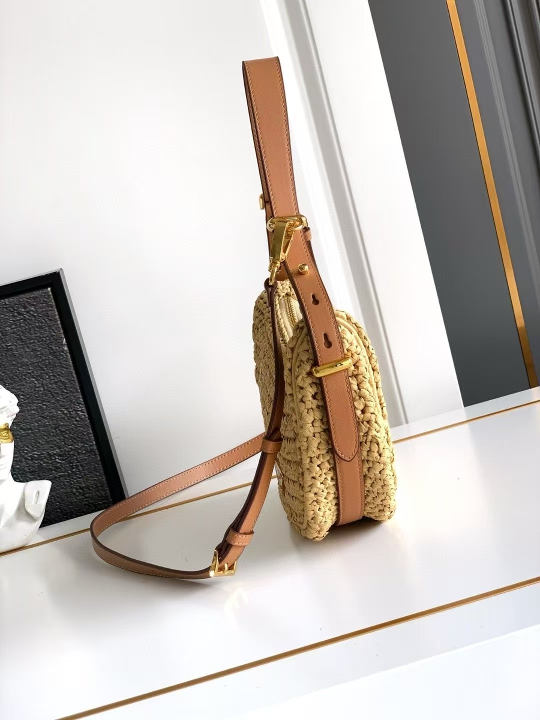 Prada Neutral Arqué Crochet Shoulder Bag | Crescent Shape & Raffia-Effect Yarn