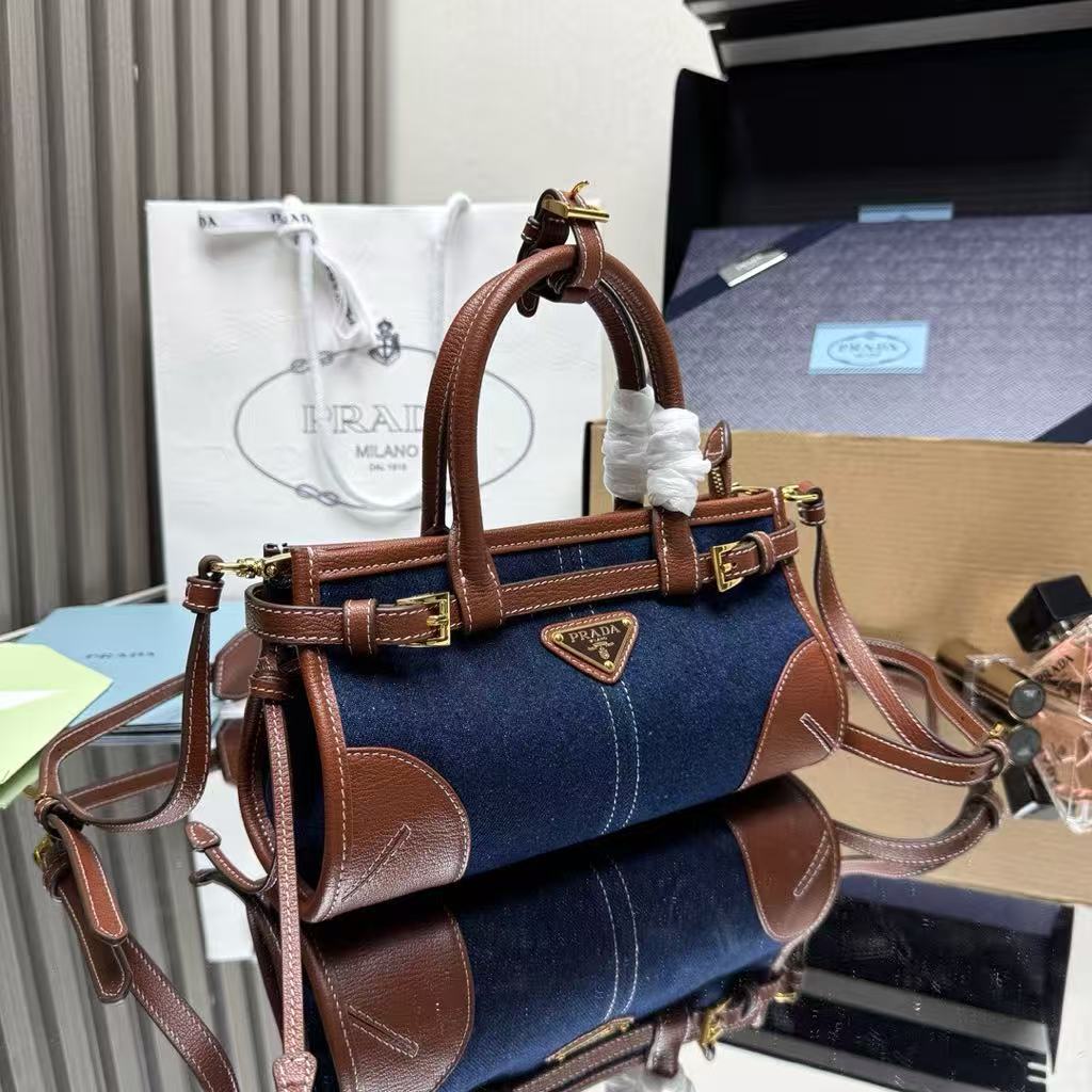 Prada Bonnie Denim and Leather Patched Handbag