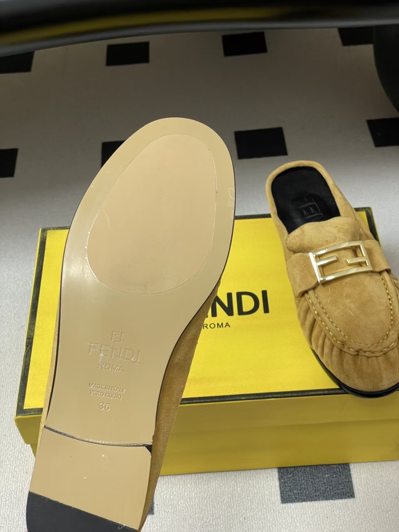 FENDI Baguette Crinkle Round-Toe Retro Loafer Mule in Khaki Suede