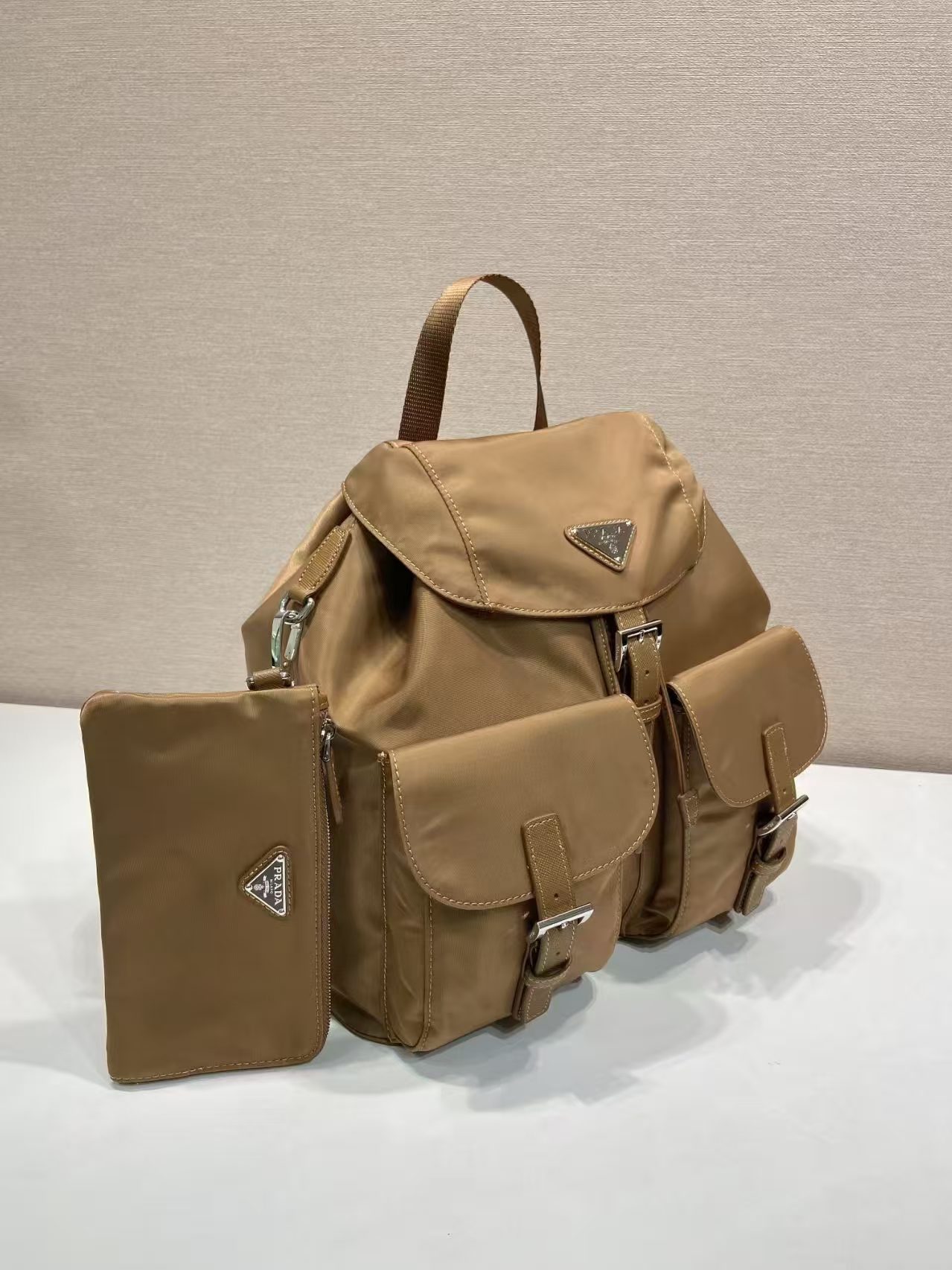 Prada Camel Medium Re-Nylon Backpack | Deconstructed Design, Saffiano Leather Accents
