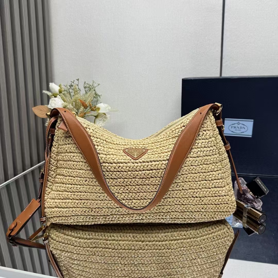 Prada Neutral Large Aimée Crochet & Leather Bag | Artisanal Blend, Textured Design