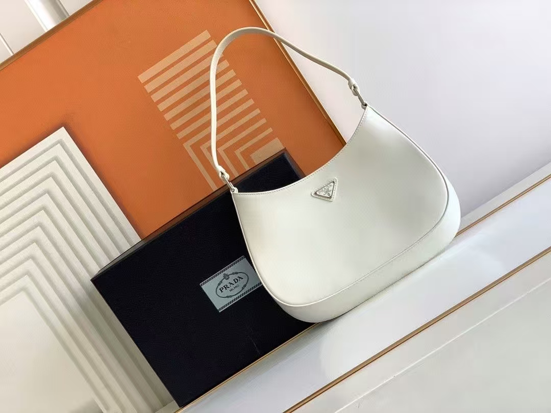 Prada White Cleo Glossy Leather Shoulder Bag | Crescent Silhouette & 90s Revival