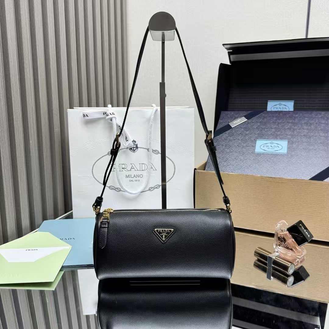 Prada Black Leather Clutch | Geometric Pattern & Adjustable Handle