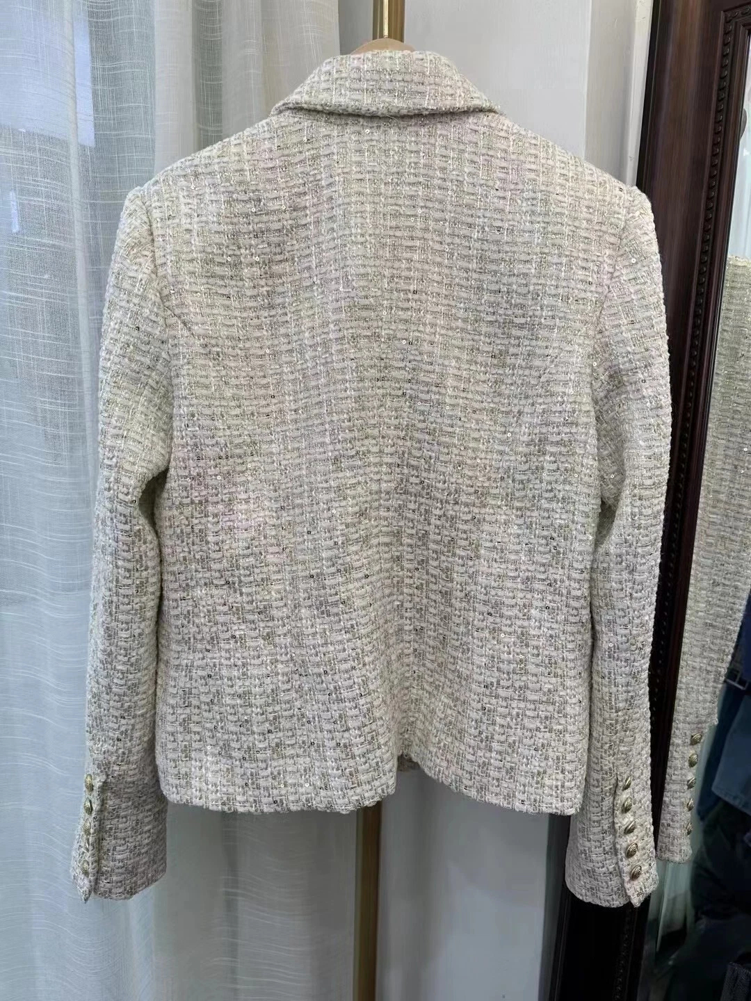 Women AUTH L'AGENCE Brooke Open-Front Tweed Blazer Coat Jacket Ivory Light Gold