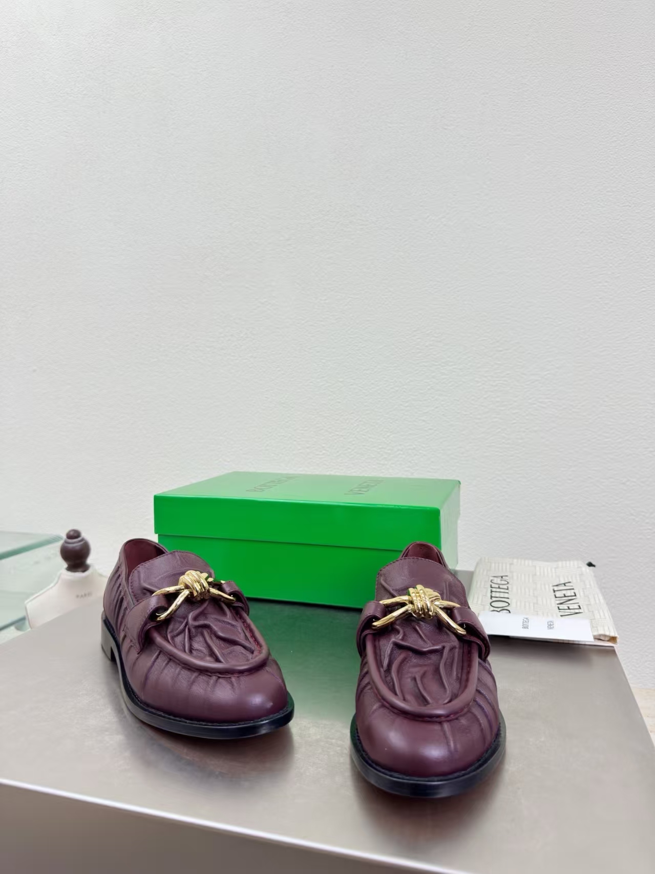 Bottega Veneta Black Crinkle Leather Loafer with Gilded Accent