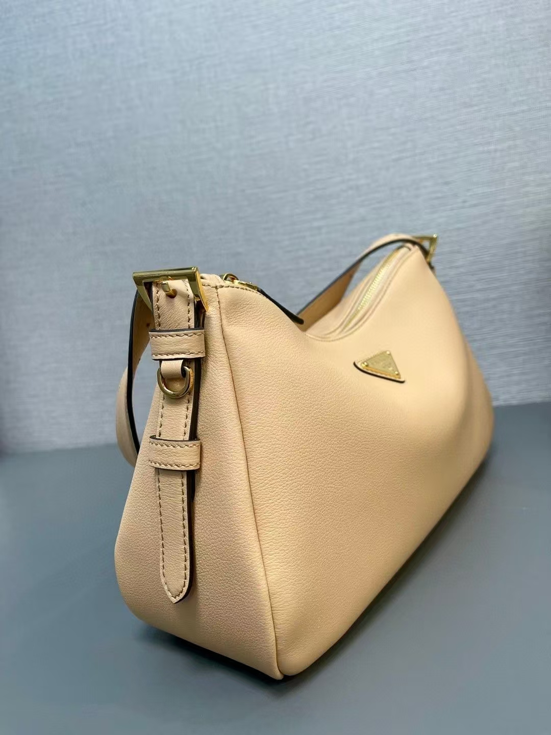 Prada Travertine Medium Aimée Leather Shoulder Bag | Architectural Neutral, Soft Minimalist Silhouette