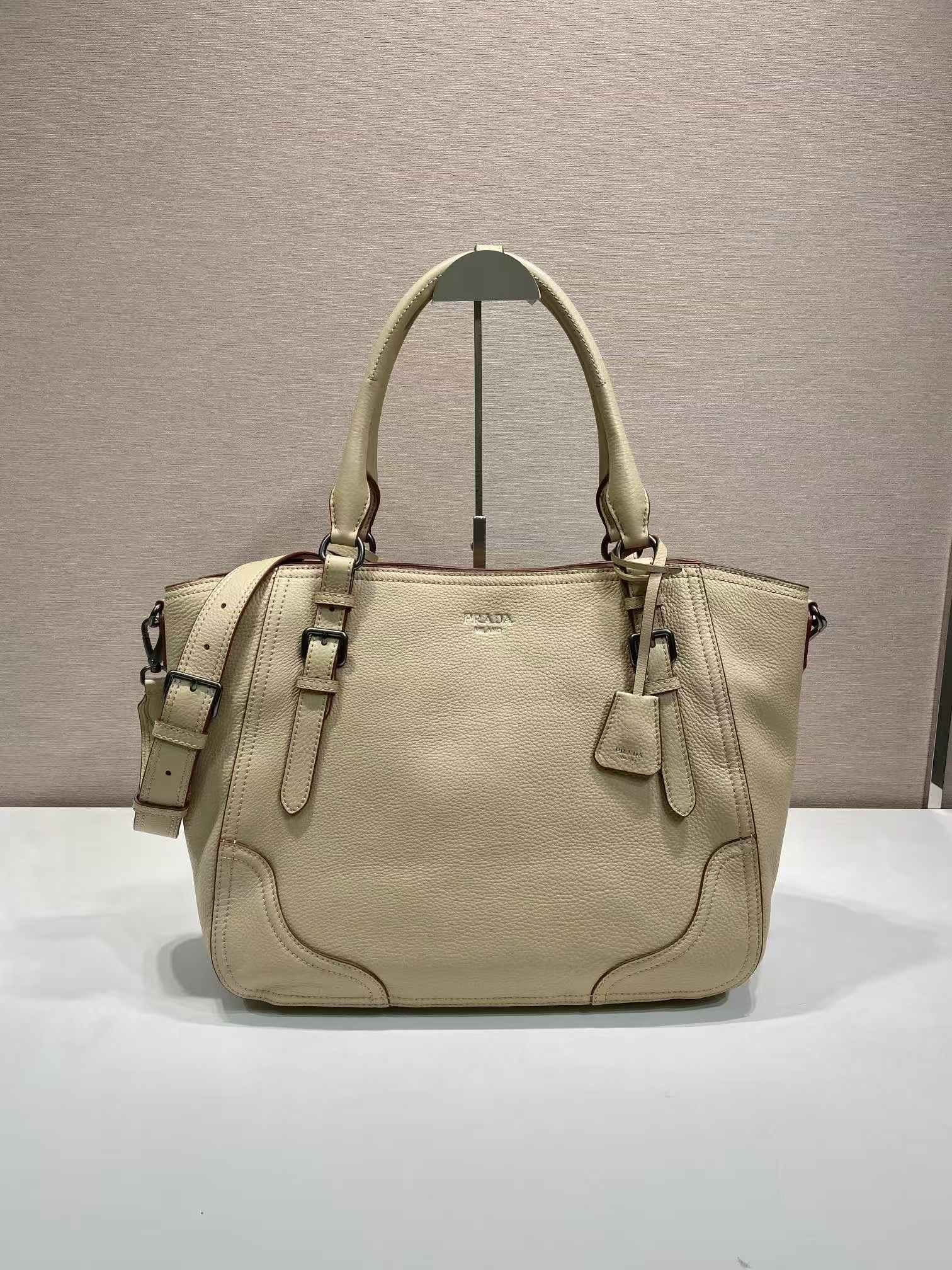 Prada Sand Large Leather Tote | Travel-Inspired Design, Textured Leather & Metal Clasp