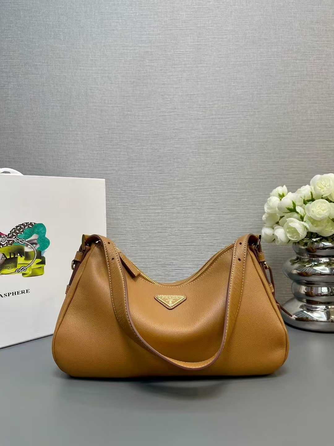 Prada Caramel Medium Aimée Leather Shoulder Bag | Warm Minimalist, Soft Structured Silhouette