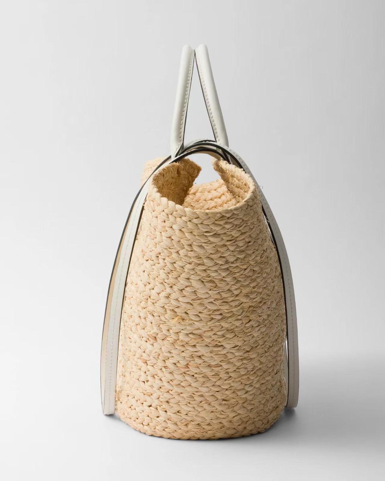 Prada Tan/White Large Raffia & Leather Shopping Bag | Contrast Tote with Leather Accents