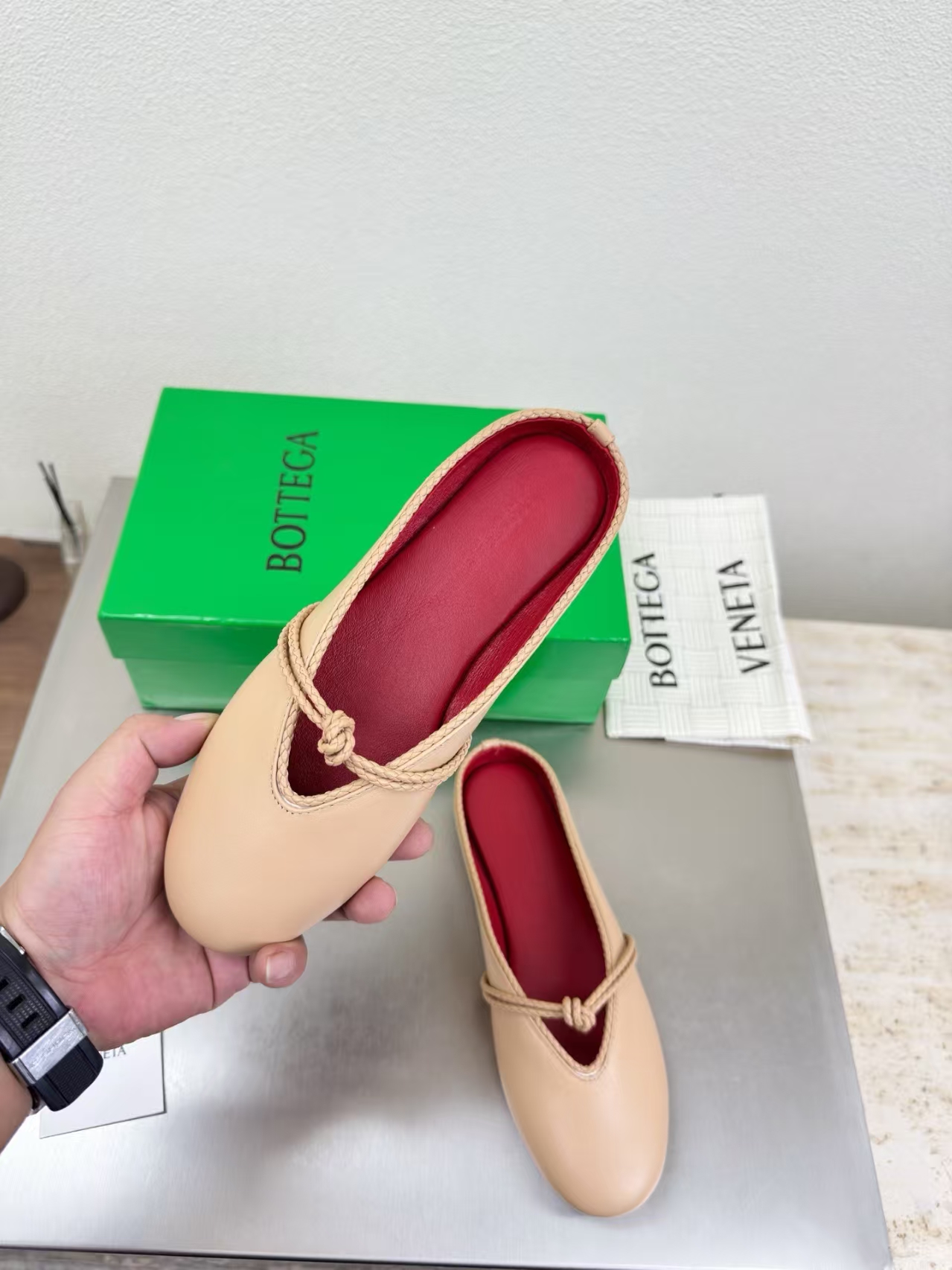 Bottega Veneta Greige Knotted Mary Jane Lambskin Ballet Flat