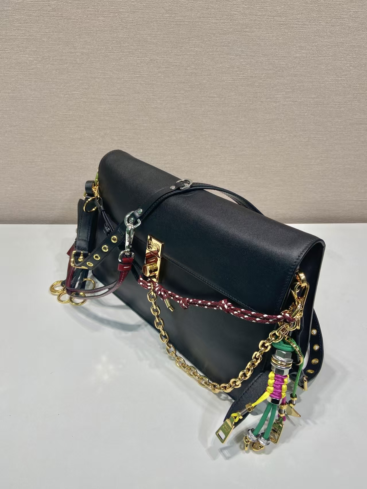 Prada Black Large Soft Sound Leather Shoulder Bag | Detachable Pendant & Ample Space