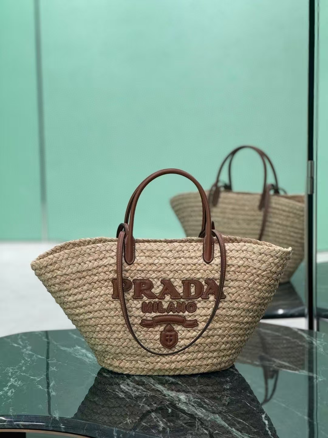 Prada Natural/Cognac Large Raffia & Leather Shopping Bag | Summer Tote with Leather Accents