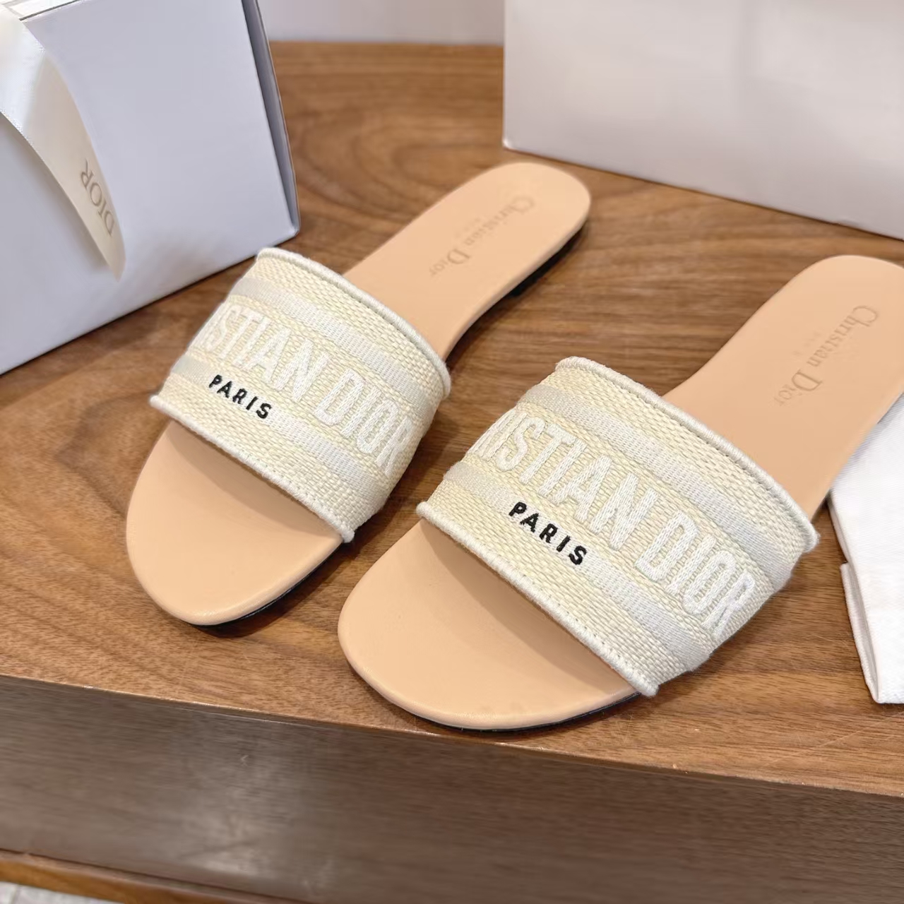 Dior White Embroidered Logo Flat Slide Sandal