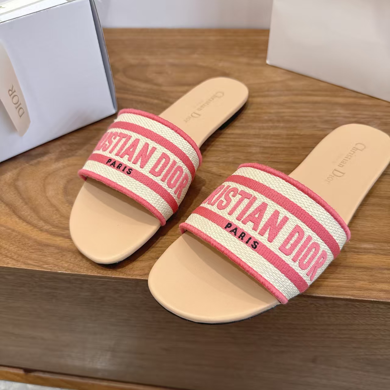 Dior Red Embroidered Logo Flat Slide Sandal