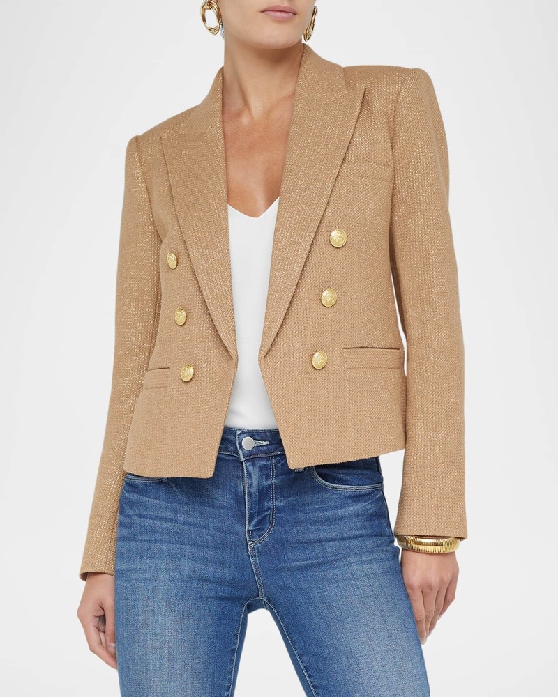 Women AUTH L'AGENCE Brooke Open Front Blazer Coat Jacket Latte/gold