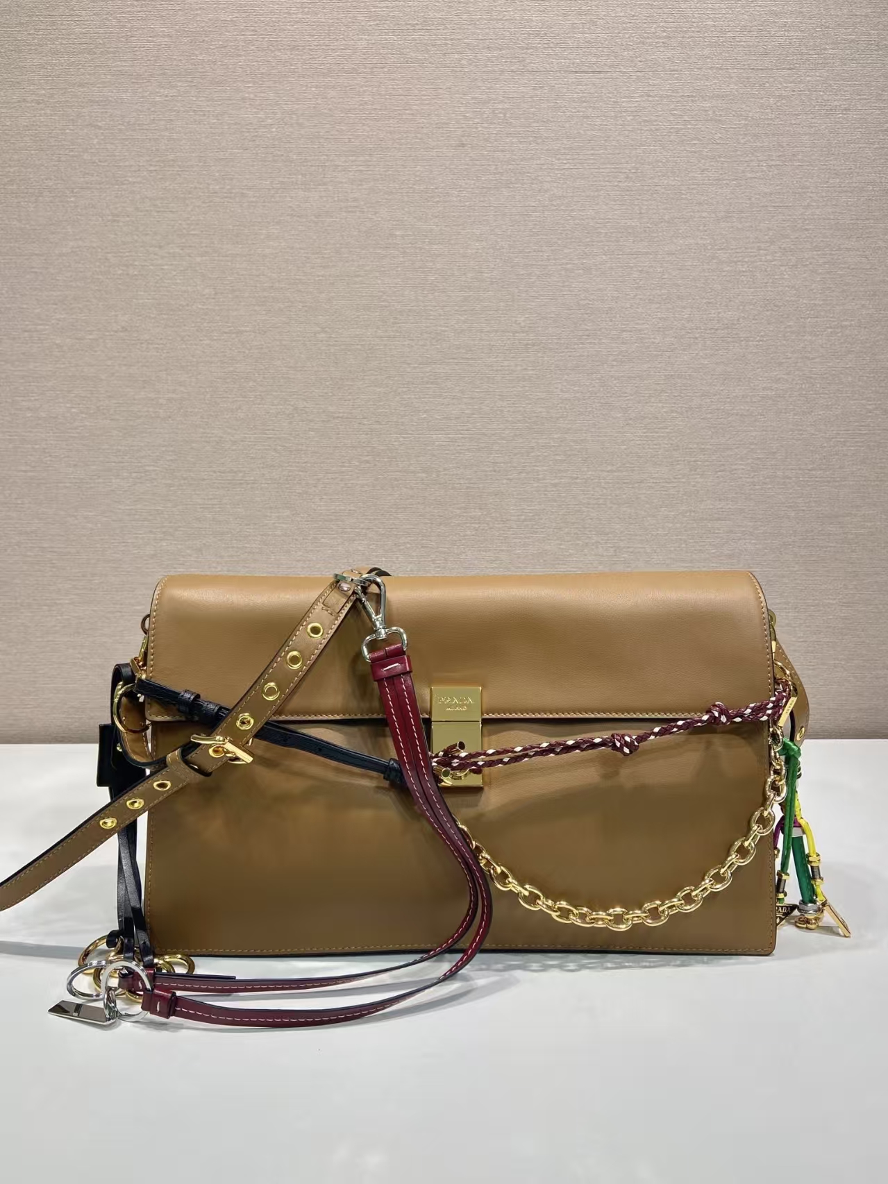 Prada Caramel Large Soft Sound Leather Shoulder Bag | Detachable Pendant & Warm Vintage Hue