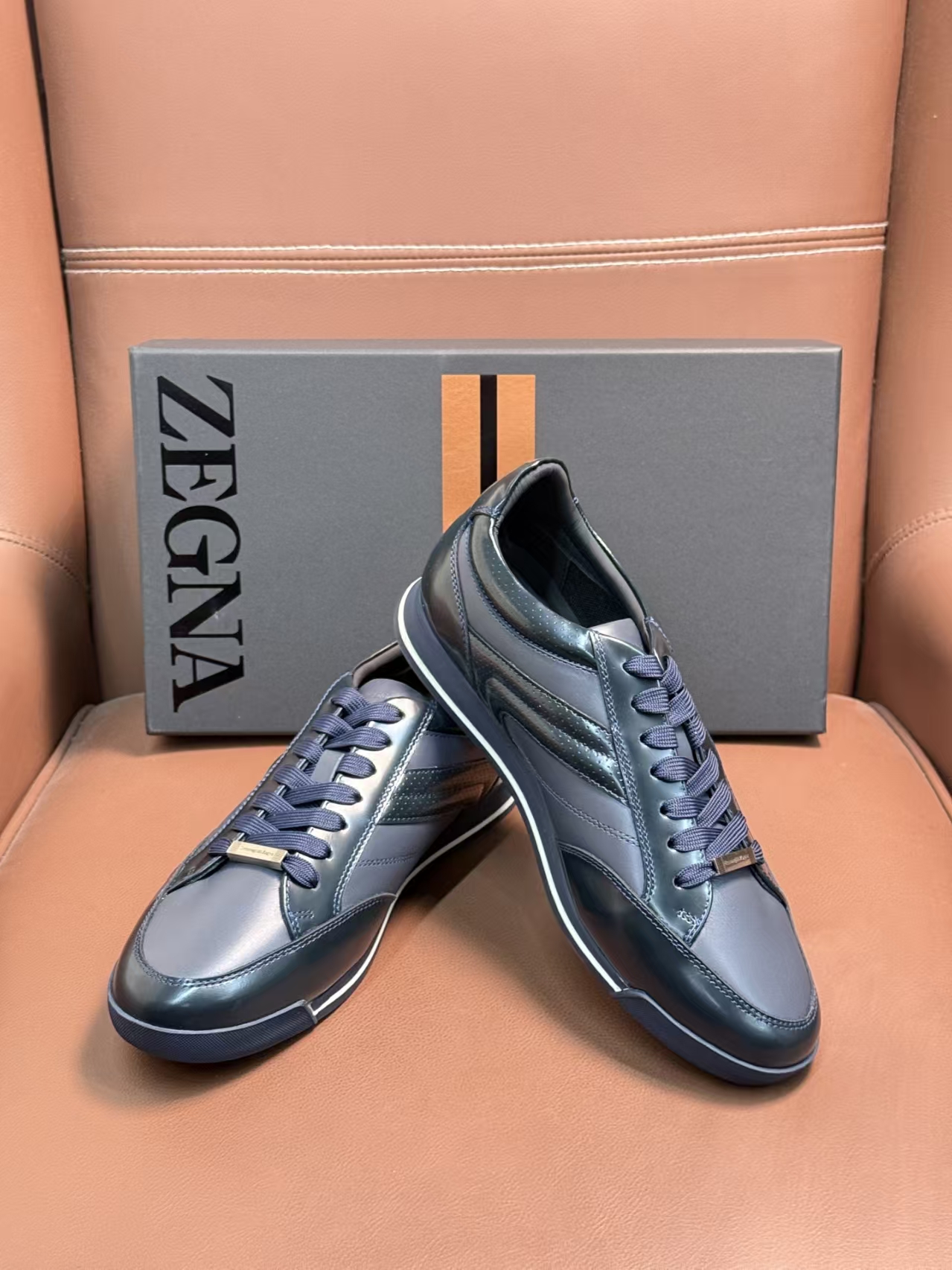 Zegna Triole Stitcht Monte Navy Blue Leather Casual Sneaker