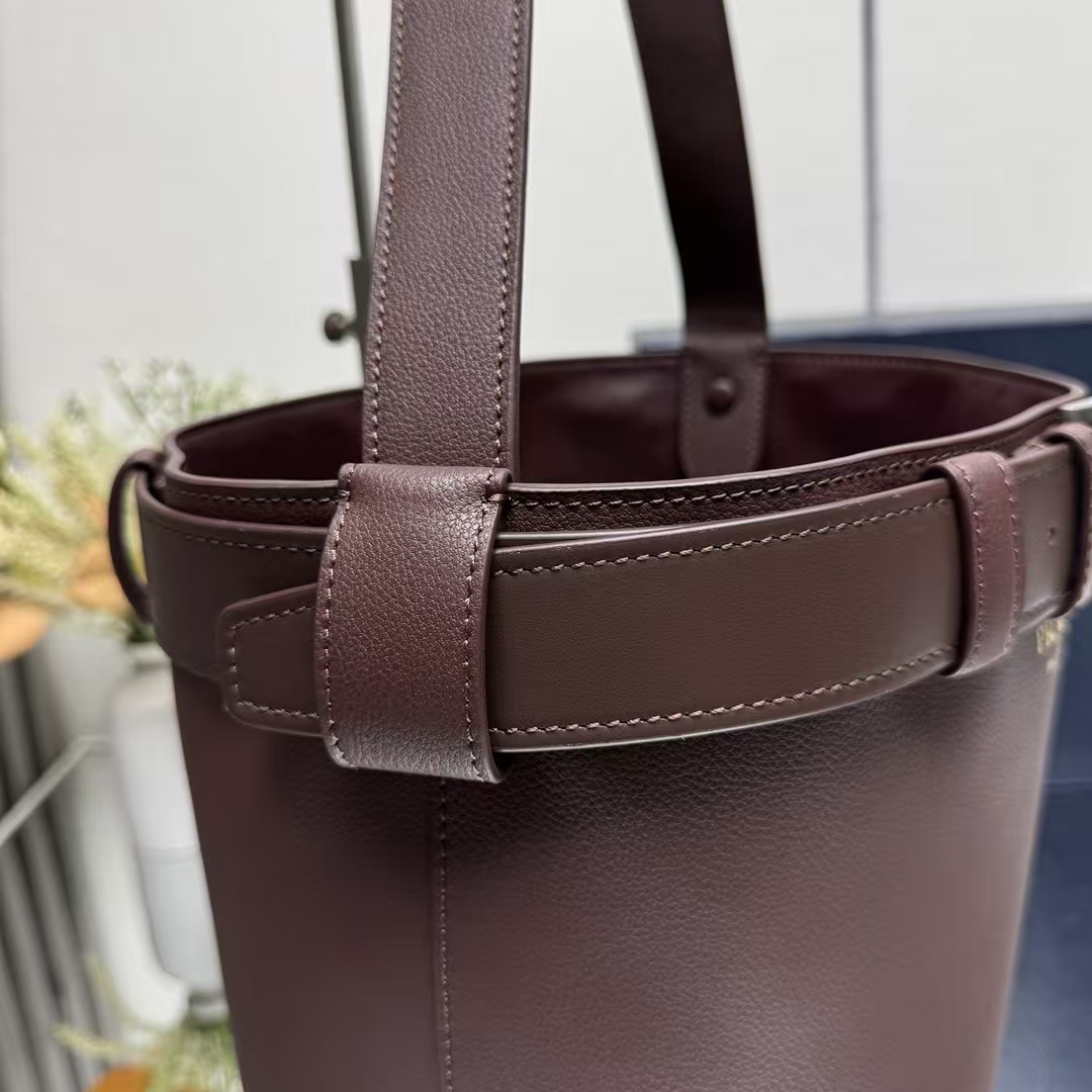 Prada Heather Brown Buckle Leather Bucket Bag | Earth Tone & Strap Detail