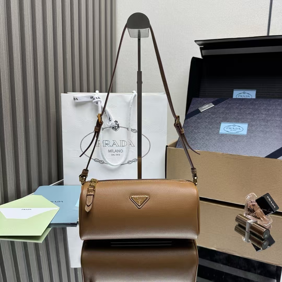 Prada Caramel Leather Clutch | Geometric Pattern & Warm Vintage Hue