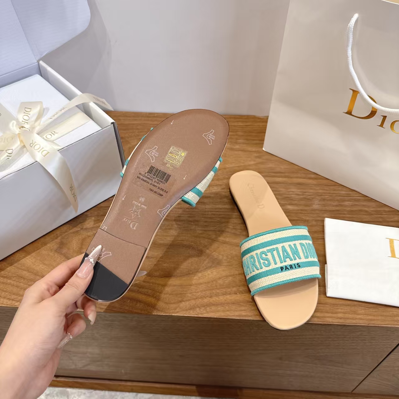 Dior Sky Blue Embroidered Logo Flat Slide Sandal