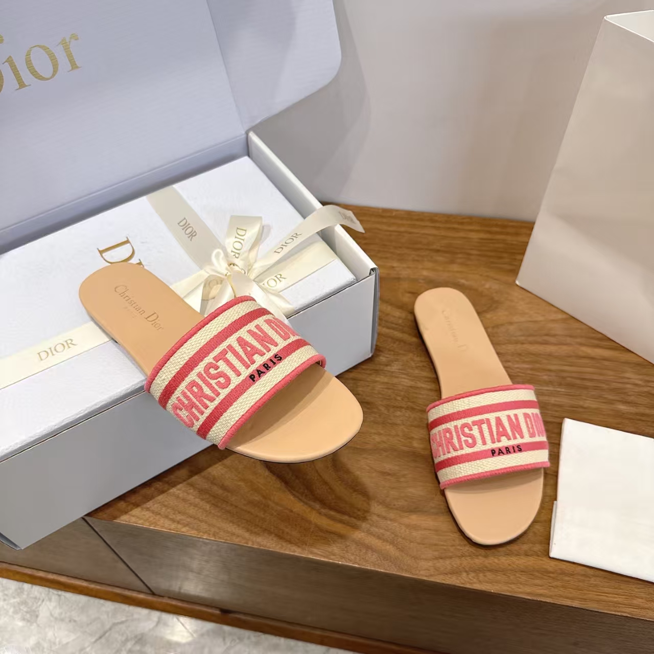Dior Red Embroidered Logo Flat Slide Sandal