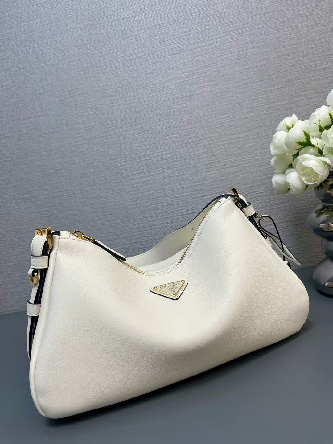 Prada White Medium Aimée Leather Shoulder Bag | Pure Minimalist, Soft Silhouette