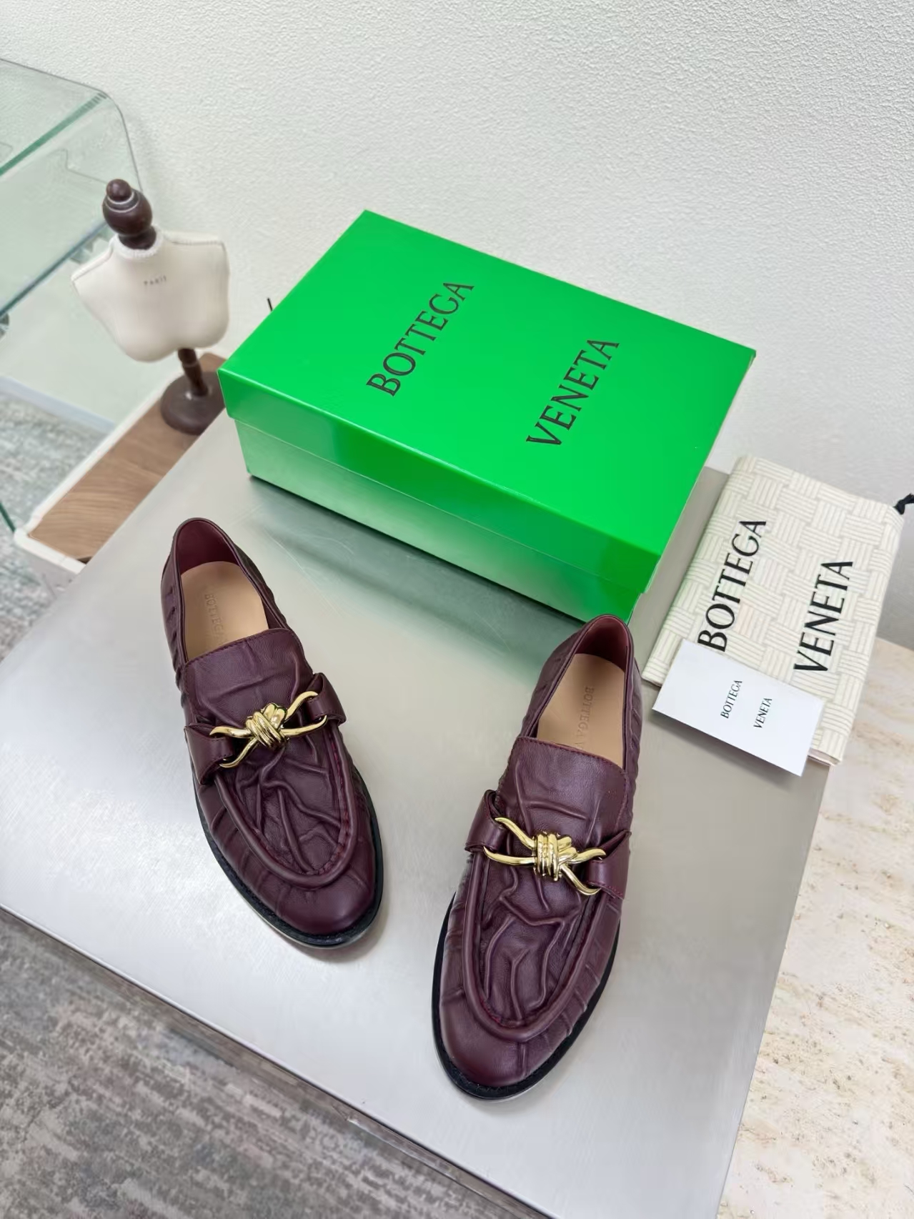 Bottega Veneta Black Crinkle Leather Loafer with Gilded Accent