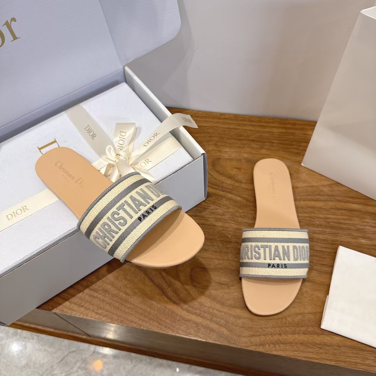 Dior Grey Embroidered Logo Flat Slide Sandal