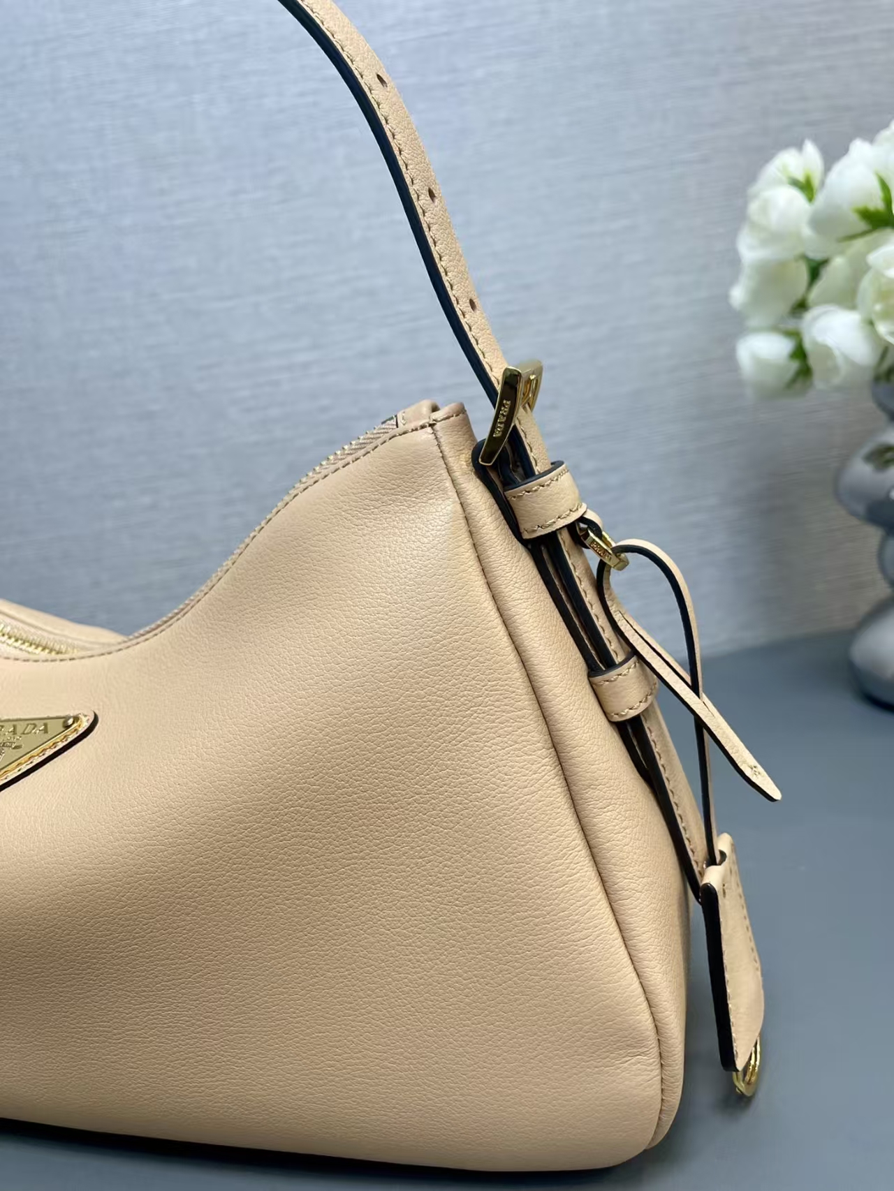 Prada Sand Medium Aimée Leather Shoulder Bag | Modern Minimalist, Soft Silhouette
