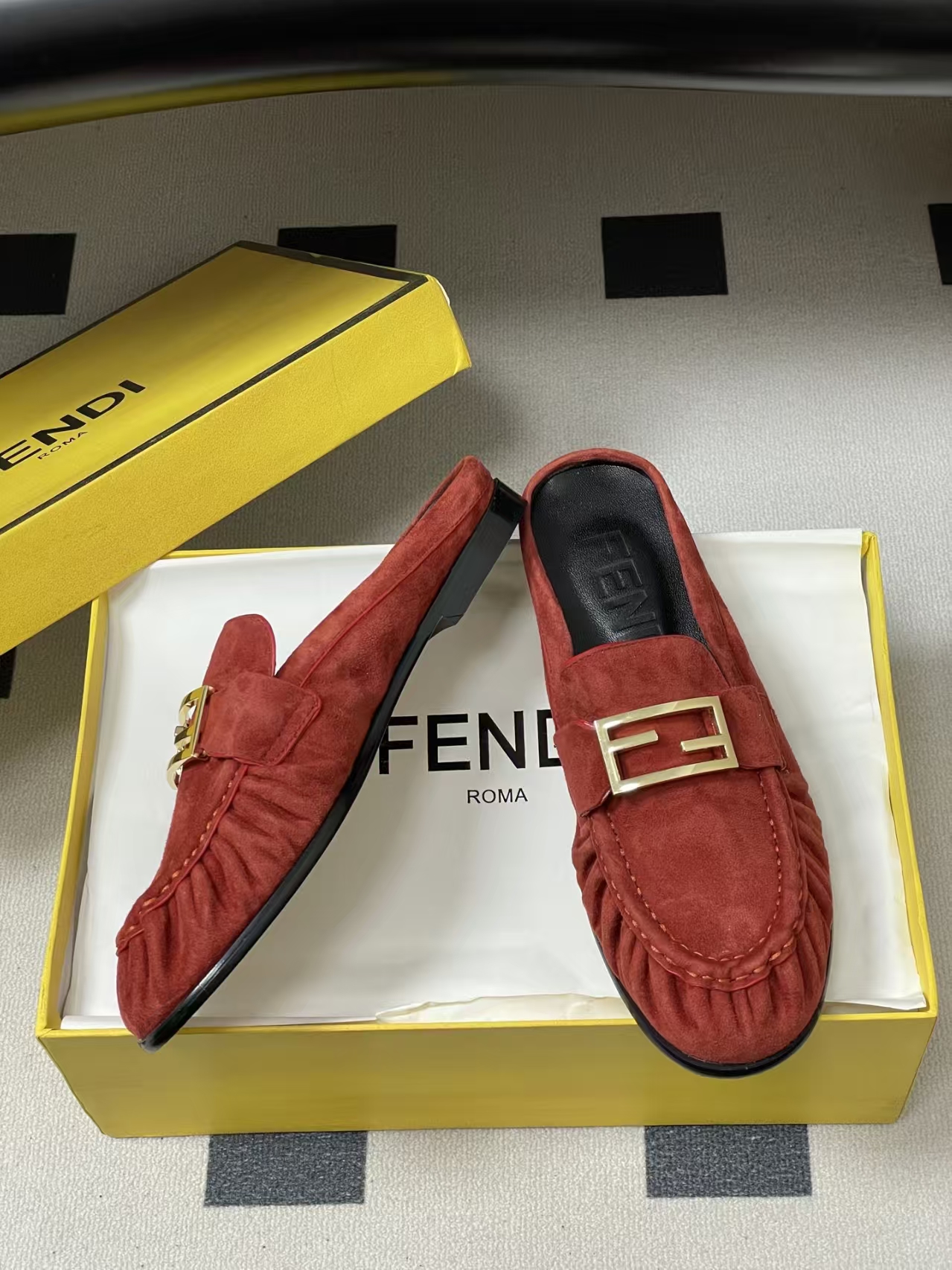 FENDI Baguette Crinkle Round-Toe Retro Loafer Mule in Red Suede