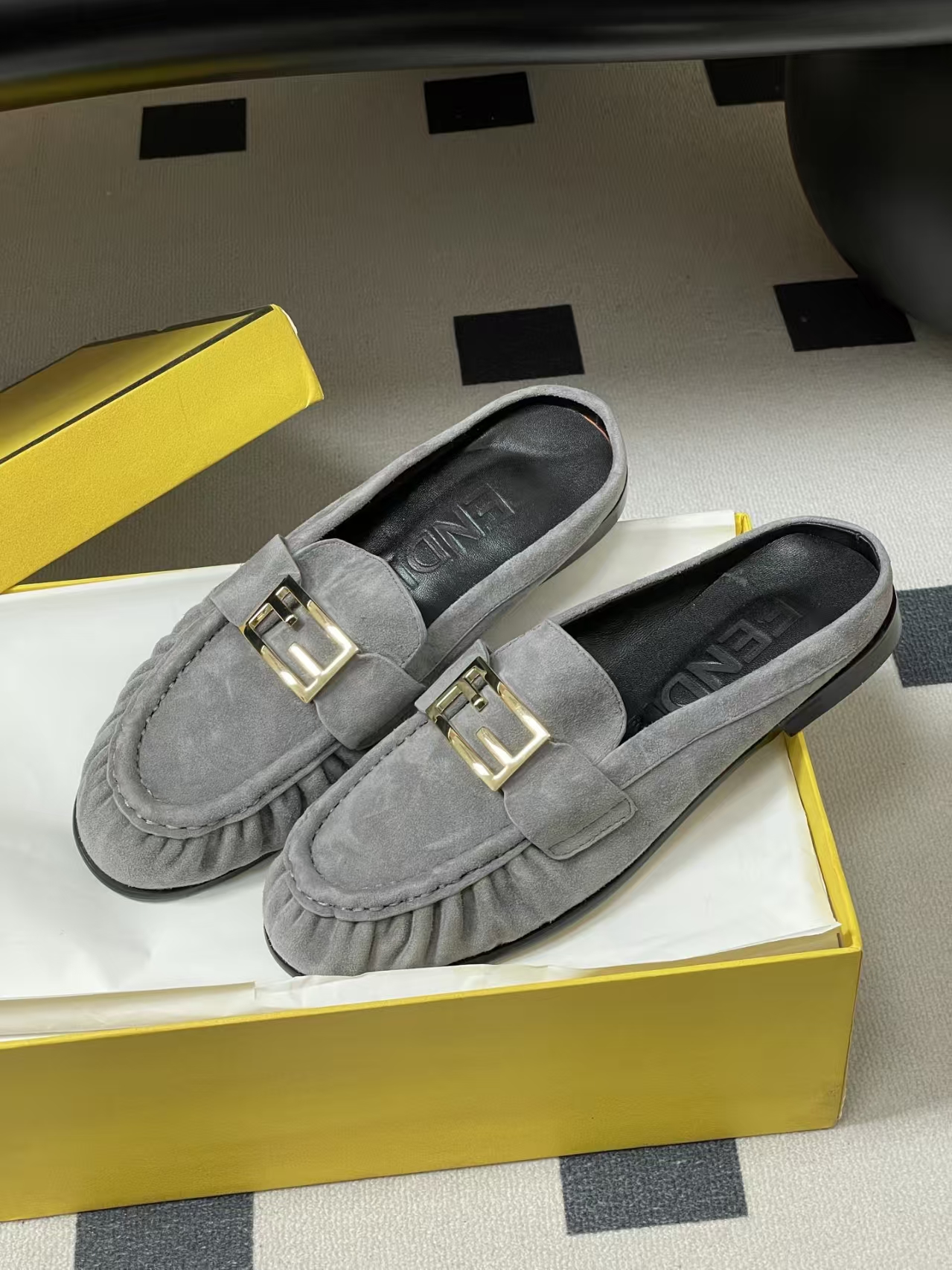 FENDI Baguette Crinkle Round-Toe Retro Loafer Mule in Grey Suede